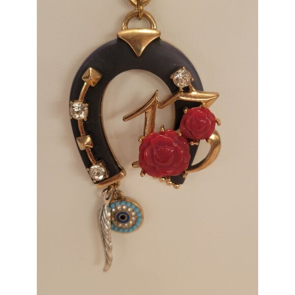 Vintage BJ Betsey Johnson Charm Necklace W/ Horseshoe & Rose Pendant 24" - Picture 4 of 11